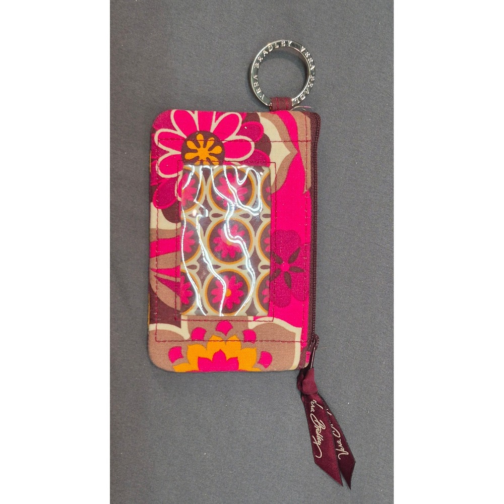 Vera Bradley Zip ID Case Wallet Keychain Pink Orange Brown Floral Lanyard Card
